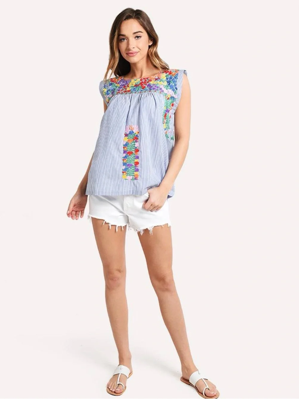 J.Marie Blue Striped Floral Mexican Embroidered Sleeveless Top - Picture 1 of 10